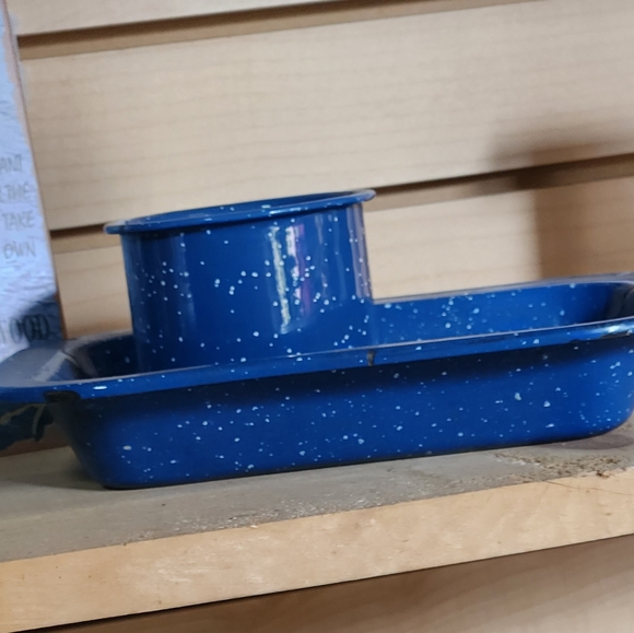 Vintage Blue Enamelware Small Baking Pan and Cup Camping - Picture 3 of 9